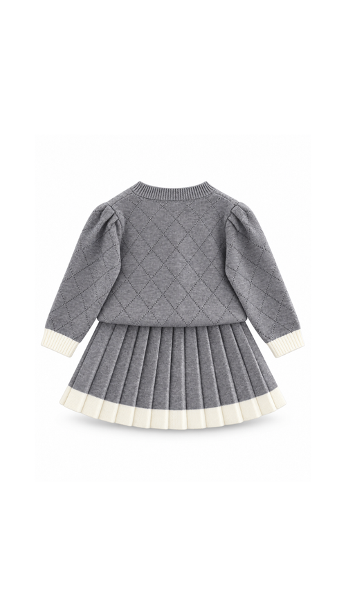 Bow & Pearl Knitted Cardigan and Pleated Skirt Girl's Set