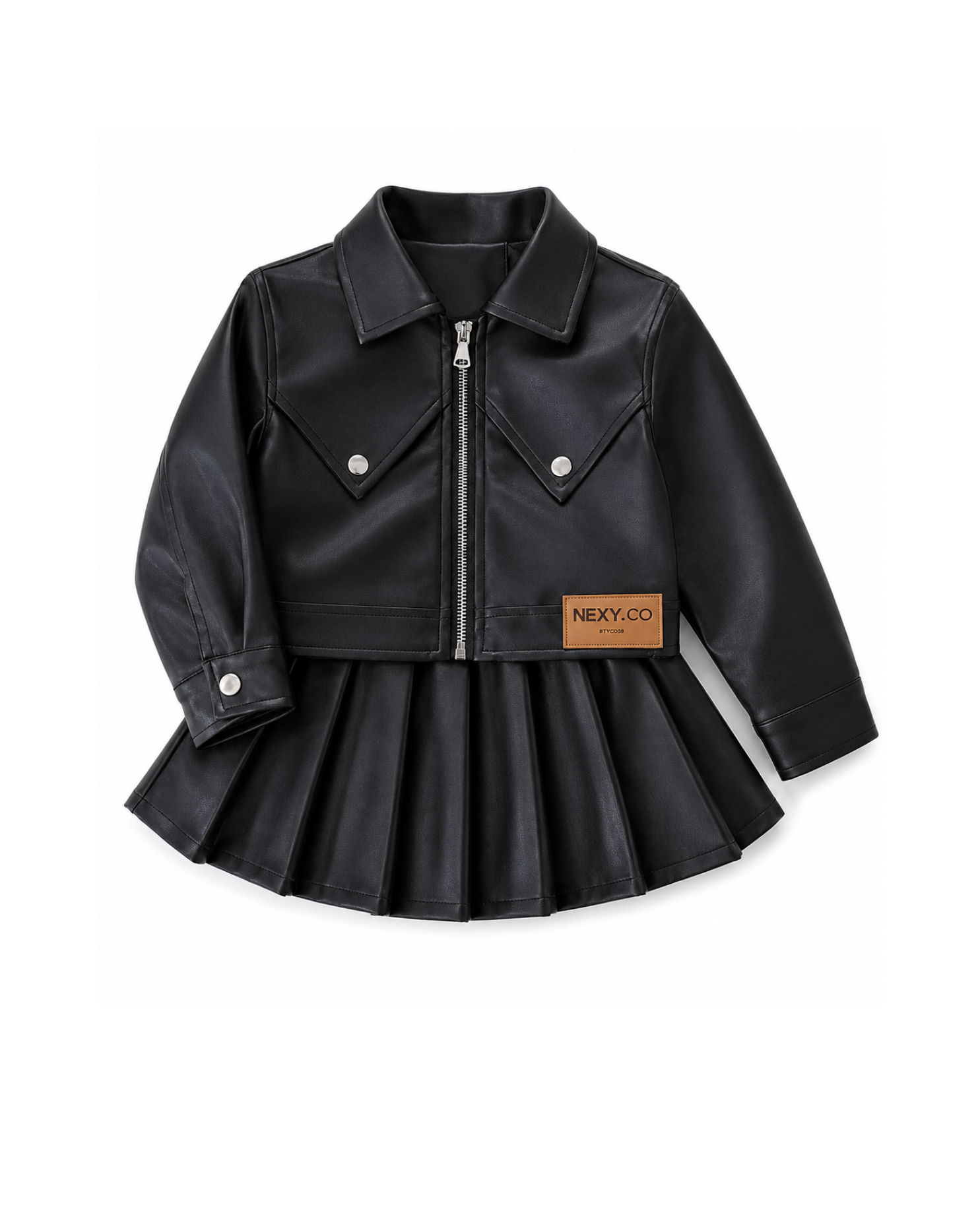 Faux Leather Moto & Pleated Skirt Girl's Set
