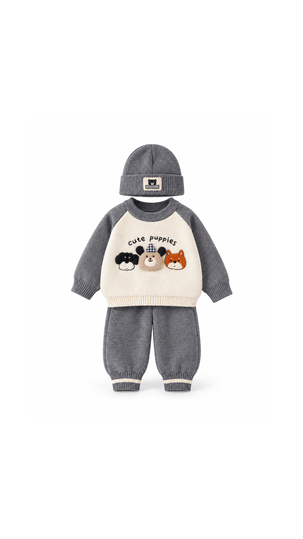 Cute Puppies Knit Sweater & Jogger Set with Beanie