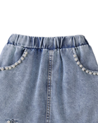 Ruffle Blouse & Beaded Denim Skirt Girl's Set