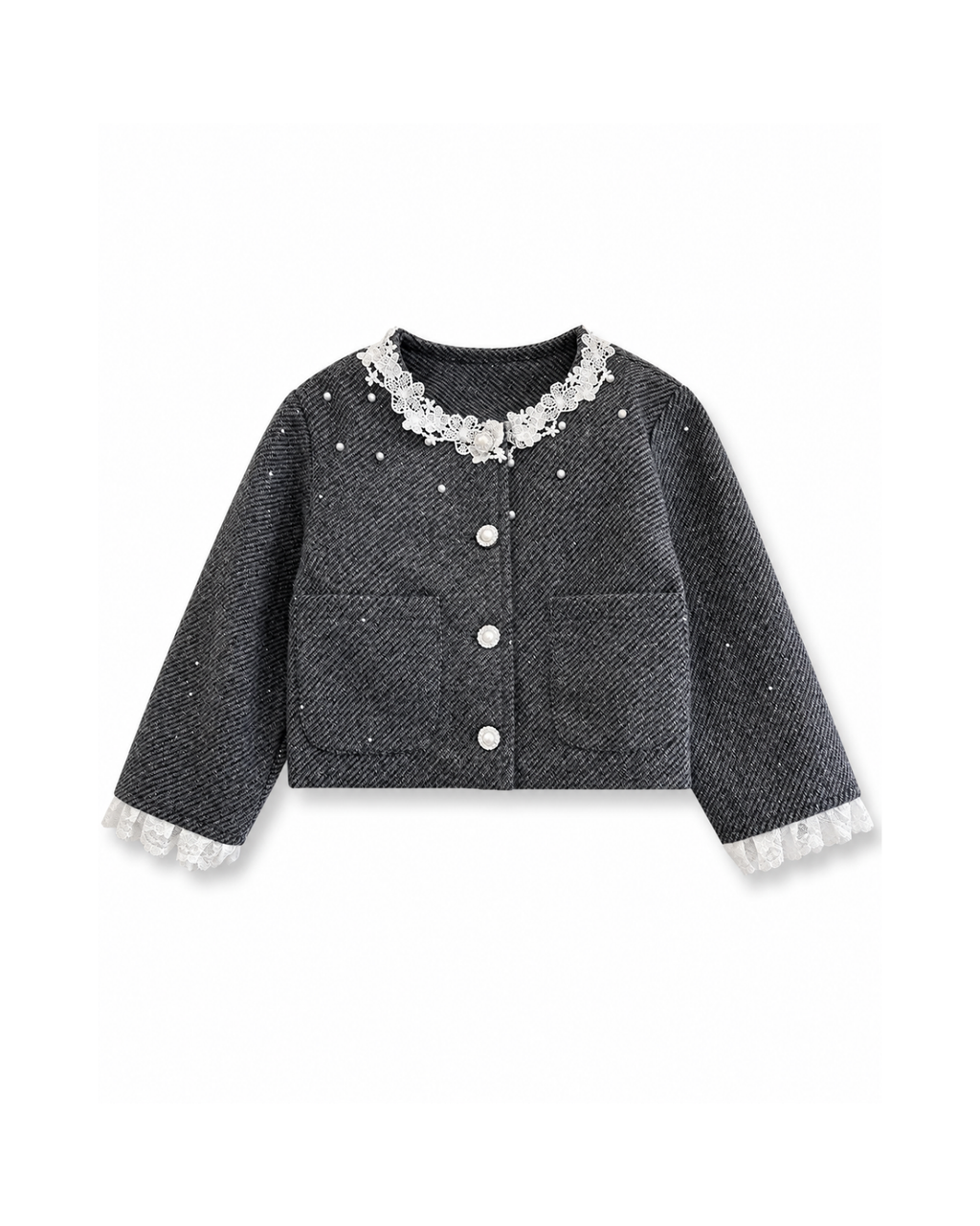 Pearl-Embellished Lace Jacket & Skirt Girl's Set