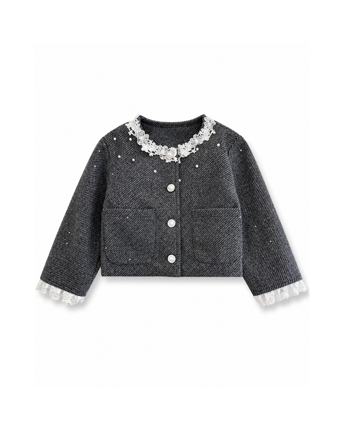 Pearl-Embellished Lace Jacket & Skirt Girl's Set