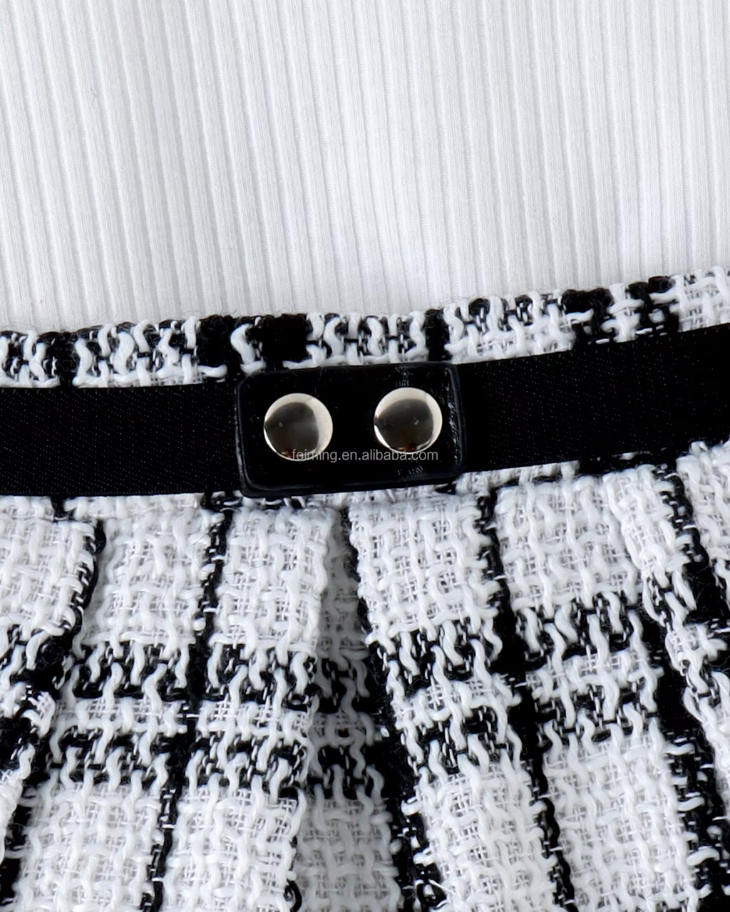 Ribbed Polo Top & Plaid Tweed Skirt Girl's Set