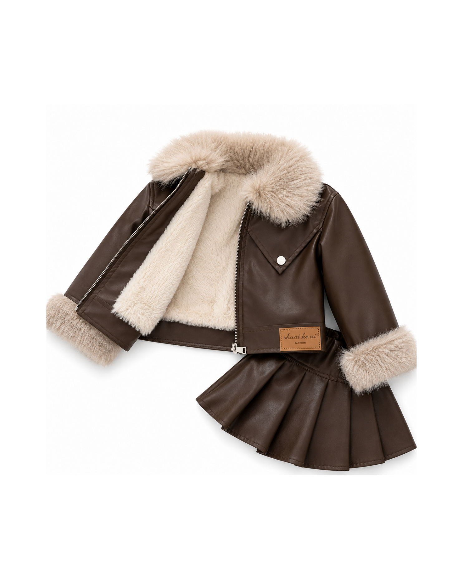 Faux-Leather Fur-Trim Skirt Girl's Set