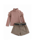 Ruffle Top & Houndstooth Belted Shorts Girl's Set