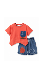 Bear Pocket T-Shirt & Patchwork Denim Shorts Boy's Set