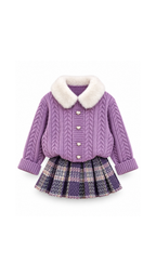 Fur-Collar Cable-Knit Cardigan & Plaid Skirt Girl's Set