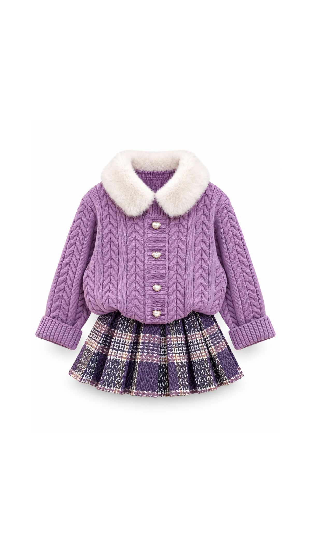 Fur-Collar Cable-Knit Cardigan & Plaid Skirt Girl's Set