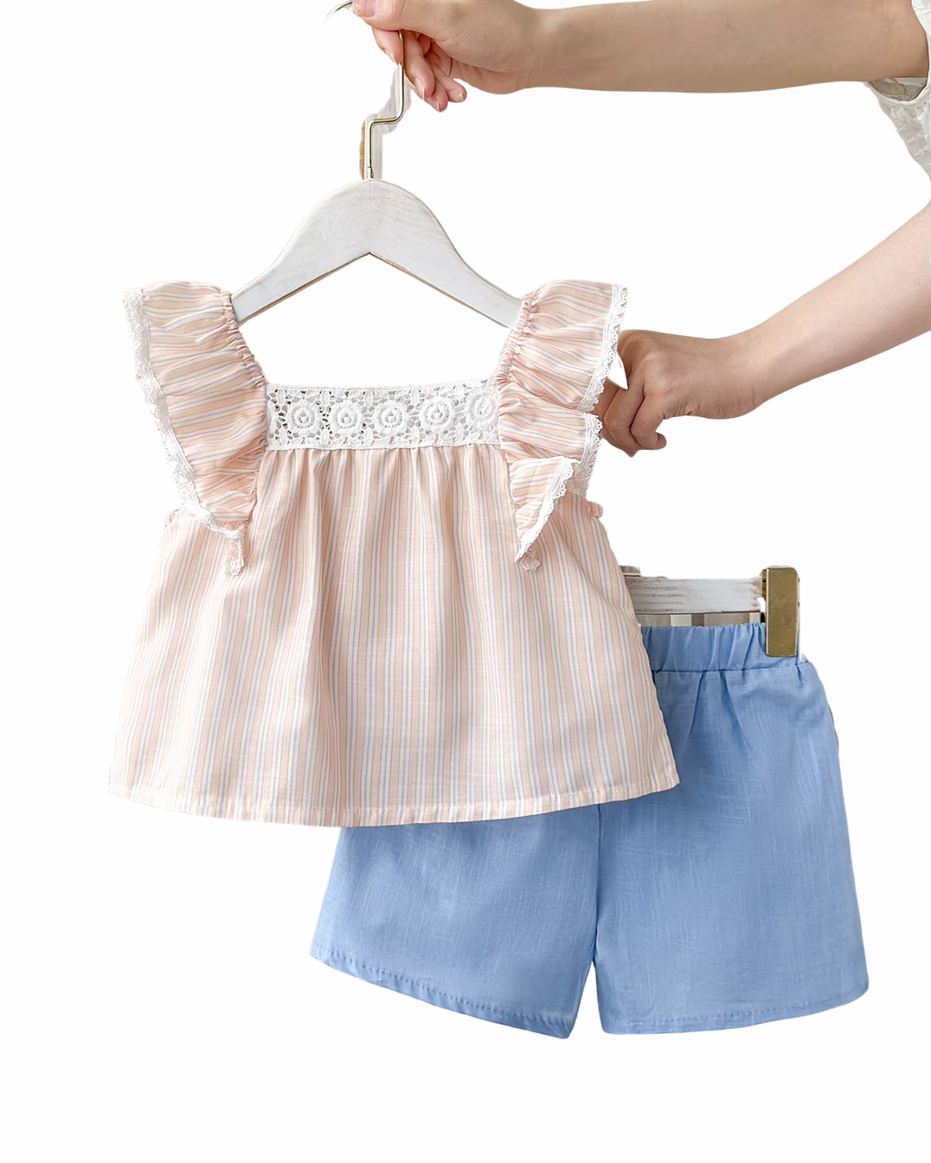 Ruffled Striped Top & Embroidered Shorts Girl's Set