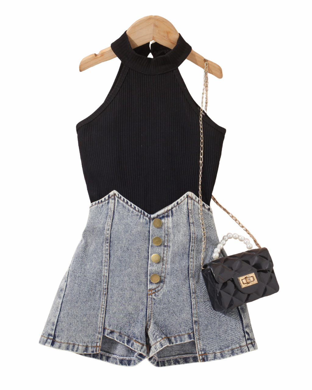Sleek Ribbed Halter &  Denim Short Girl's Set