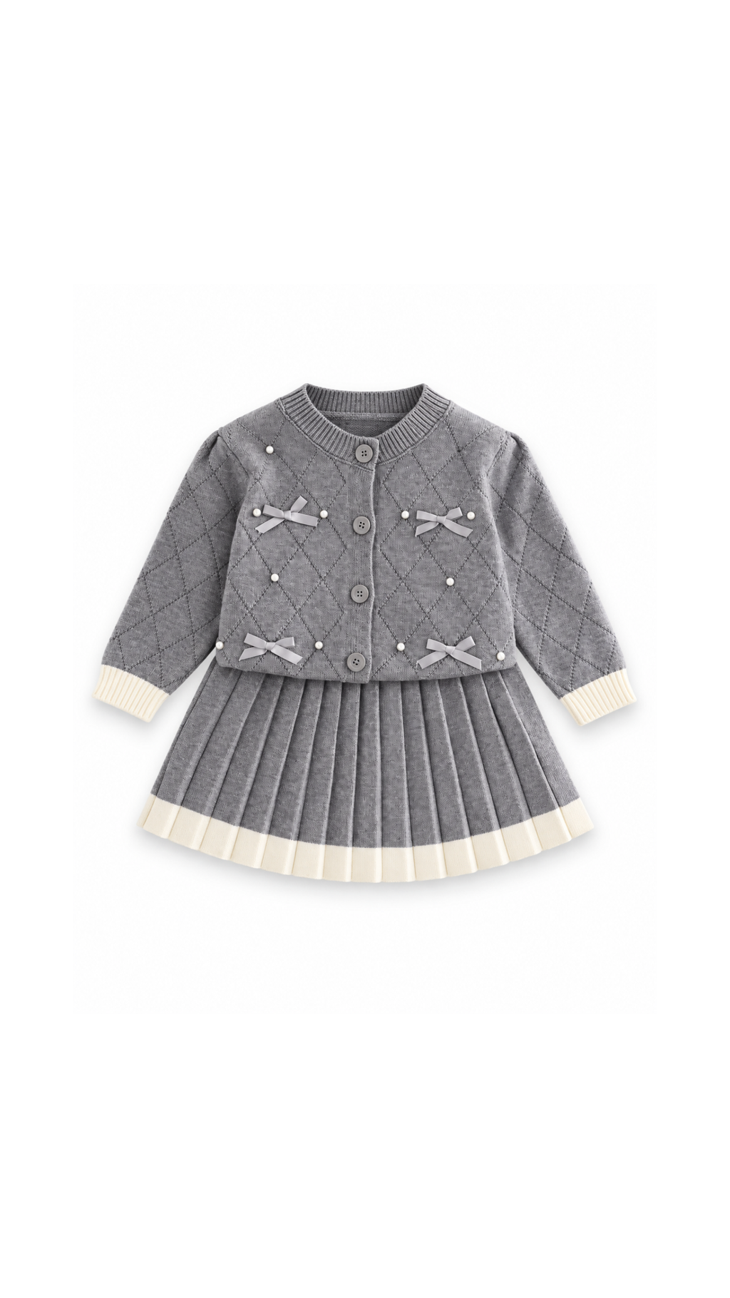 Bow & Pearl Knitted Cardigan and Pleated Skirt Girl's Set