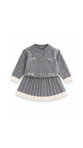 Bow & Pearl Knitted Cardigan and Pleated Skirt Girl's Set