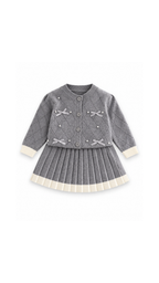 Bow & Pearl Knitted Cardigan and Pleated Skirt Girl's Set