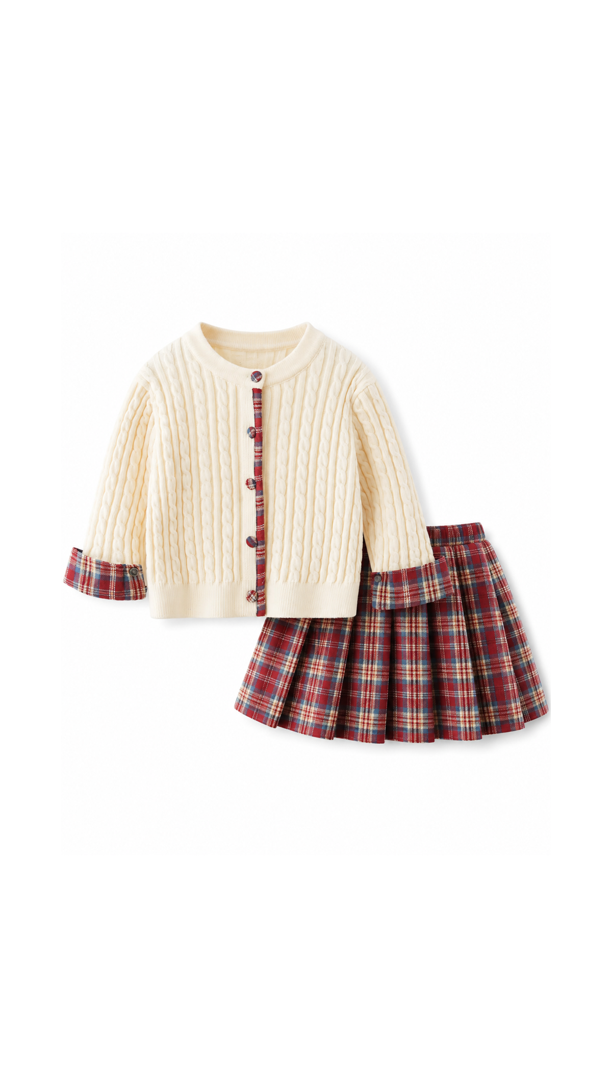 Cable-Knit Cardigan & Pleated Plaid Skirt Girl's Set
