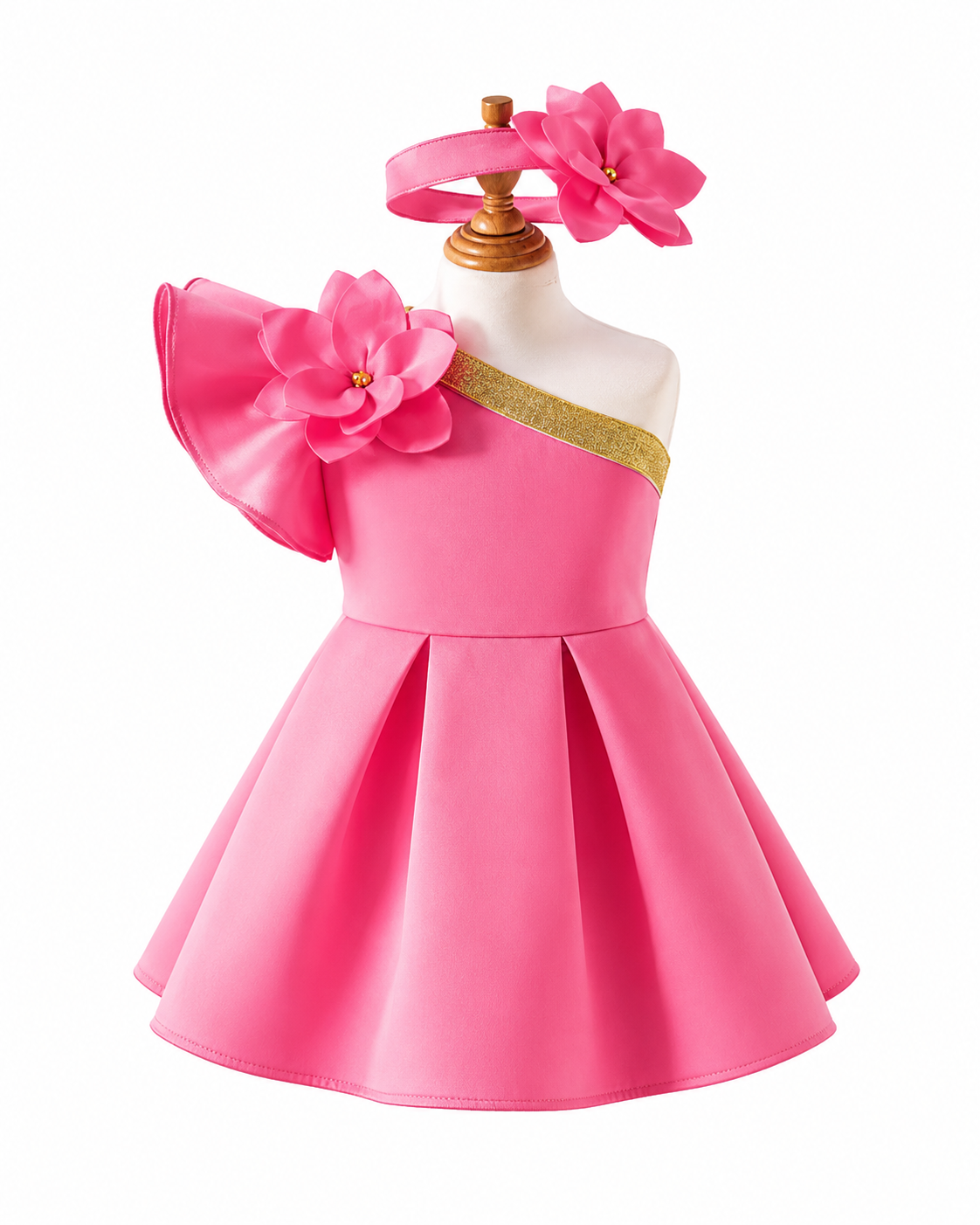 One-Shoulder Ruffle Flower & Headband Dress