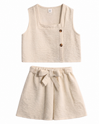 Elegant Beige Crop Top & Bow-Tie Shorts Girl's Set