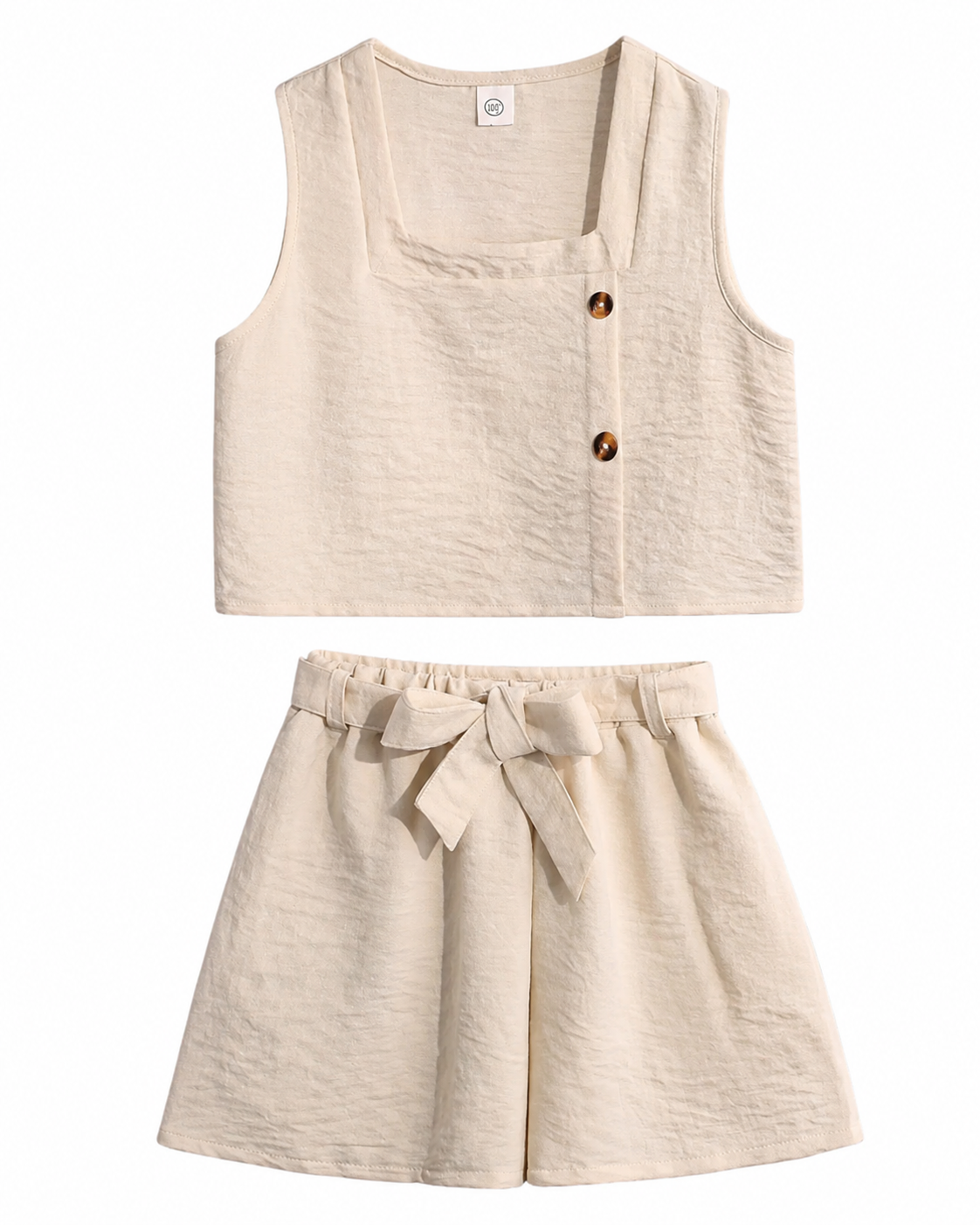 Elegant Beige Crop Top & Bow-Tie Shorts Girl's Set