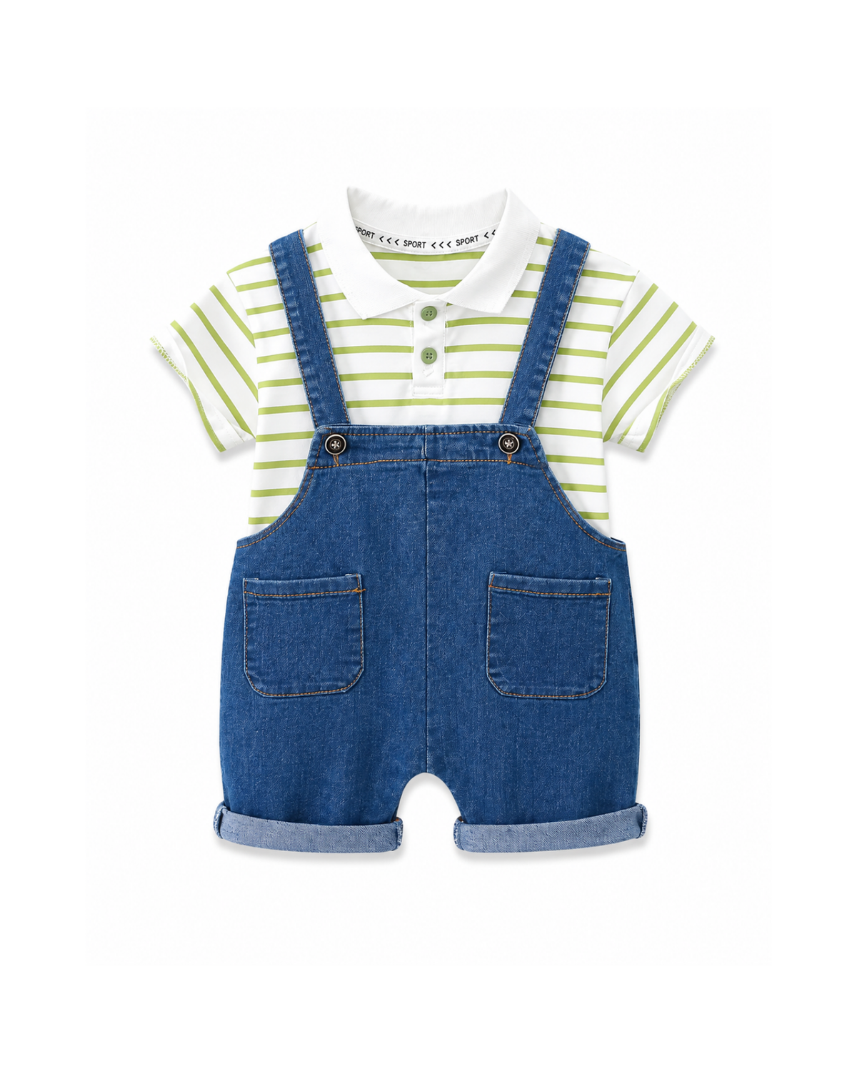 Striped Polo Shirt & Denim Short Overalls Boy's Set