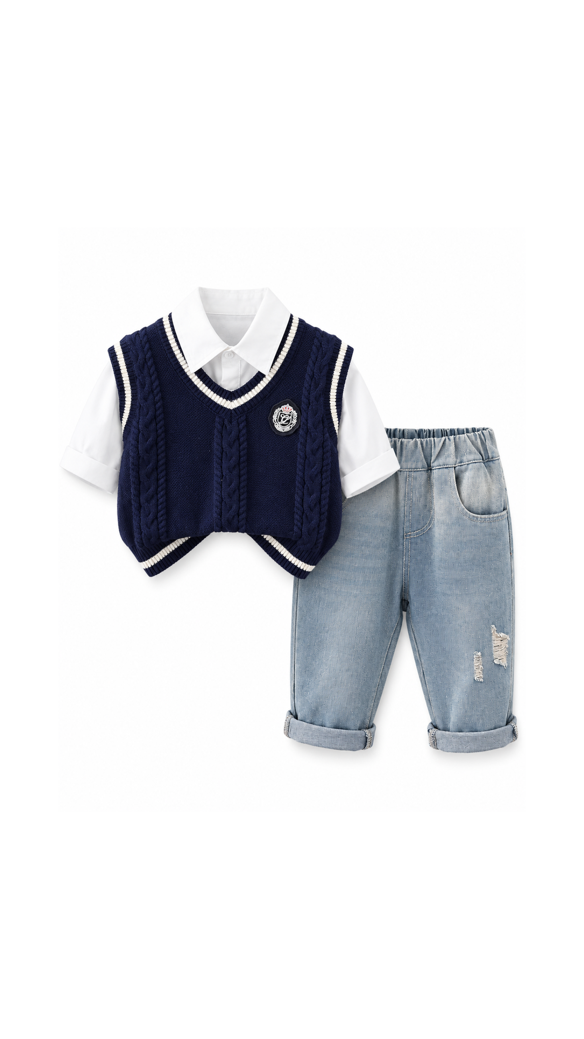 Cable-Knit Vest, Shirt & Distressed Jeans  Boy's Set