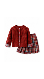 Cable-Knit Cardigan & Pleated Plaid Skirt Girl's Set