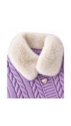 Fur-Collar Cable-Knit Cardigan & Plaid Skirt Girl's Set