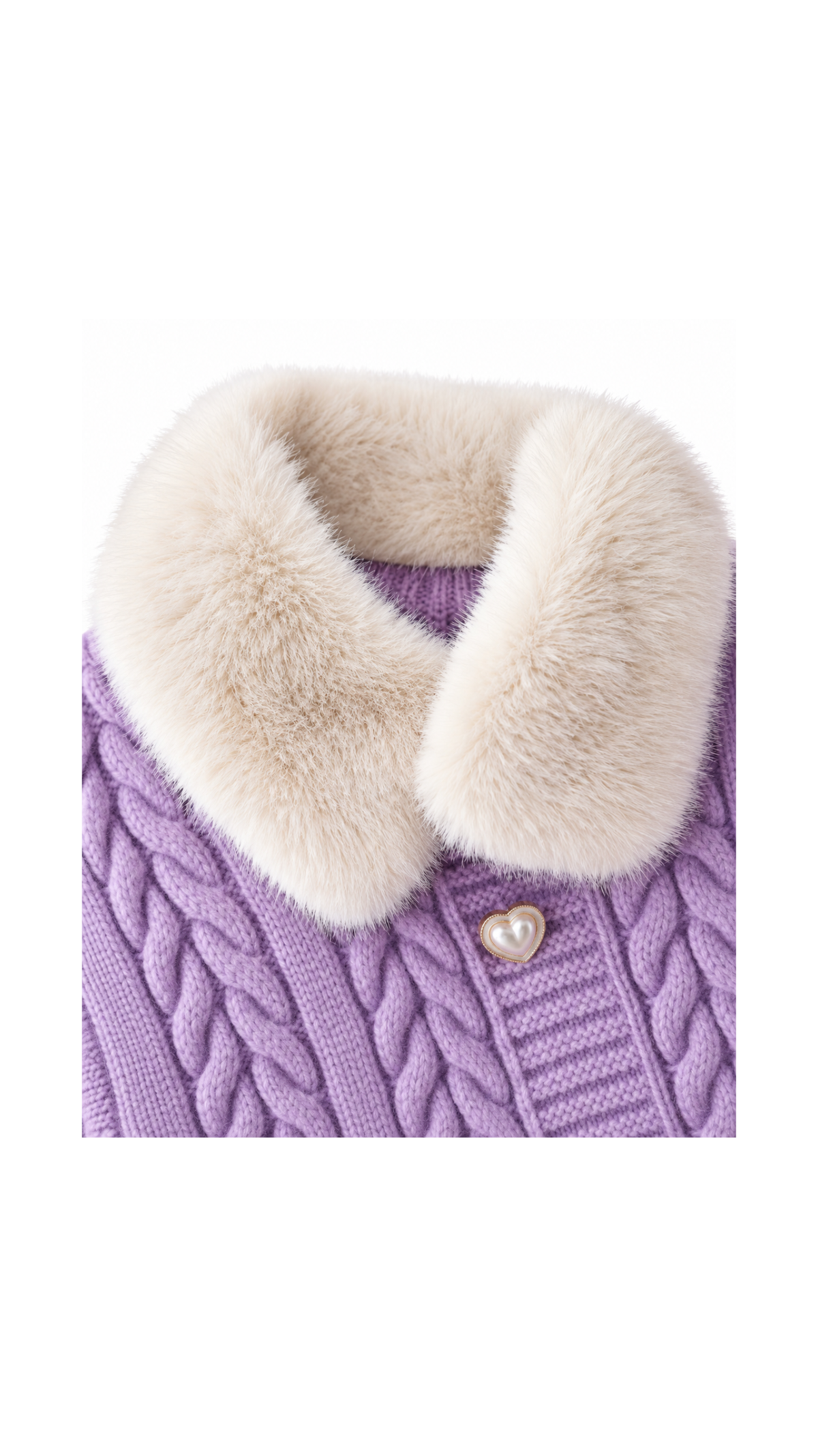 Fur-Collar Cable-Knit Cardigan & Plaid Skirt Girl's Set
