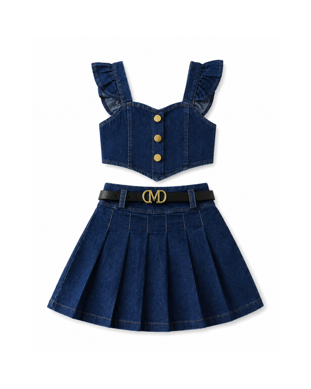 Ruffle-Strap Denim Top & Pleated Skirt Girl's Set