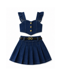 Ruffle-Strap Denim Top & Pleated Skirt Girl's Set