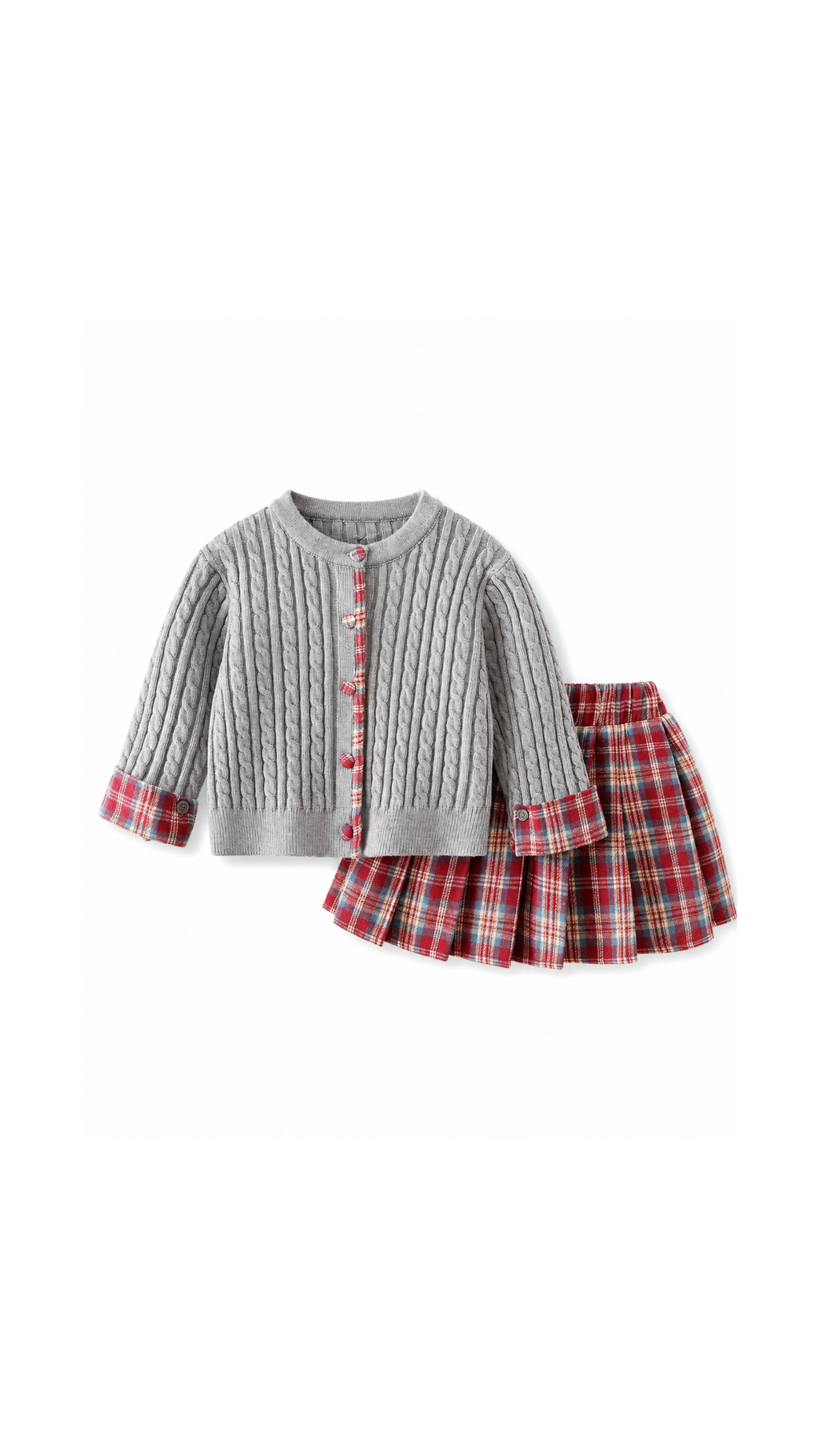 Cable-Knit Cardigan & Pleated Plaid Skirt Girl's Set