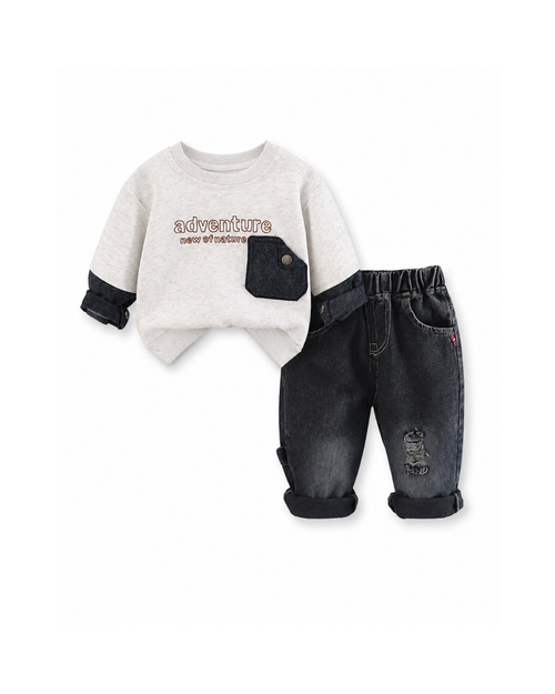 Adventure Layered Sweatshirt & Distressed Jeans Boy's Set