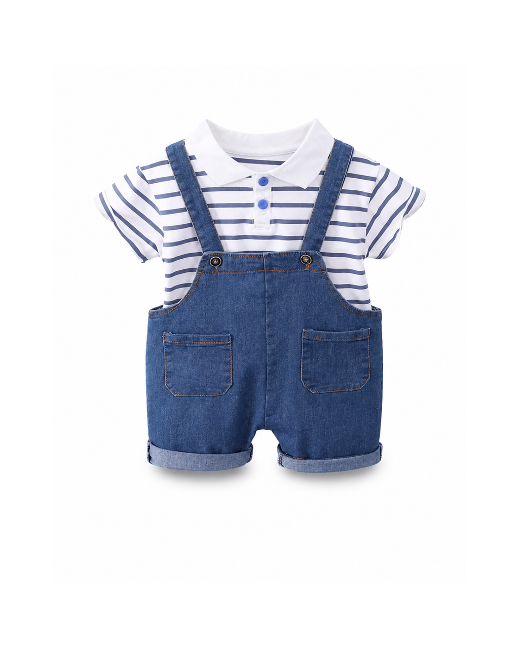 Striped Polo Shirt & Denim Short Overalls Boy's Set