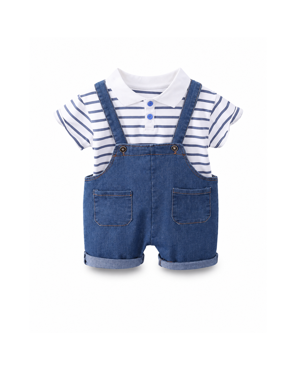 Striped Polo Shirt & Denim Short Overalls Boy's Set