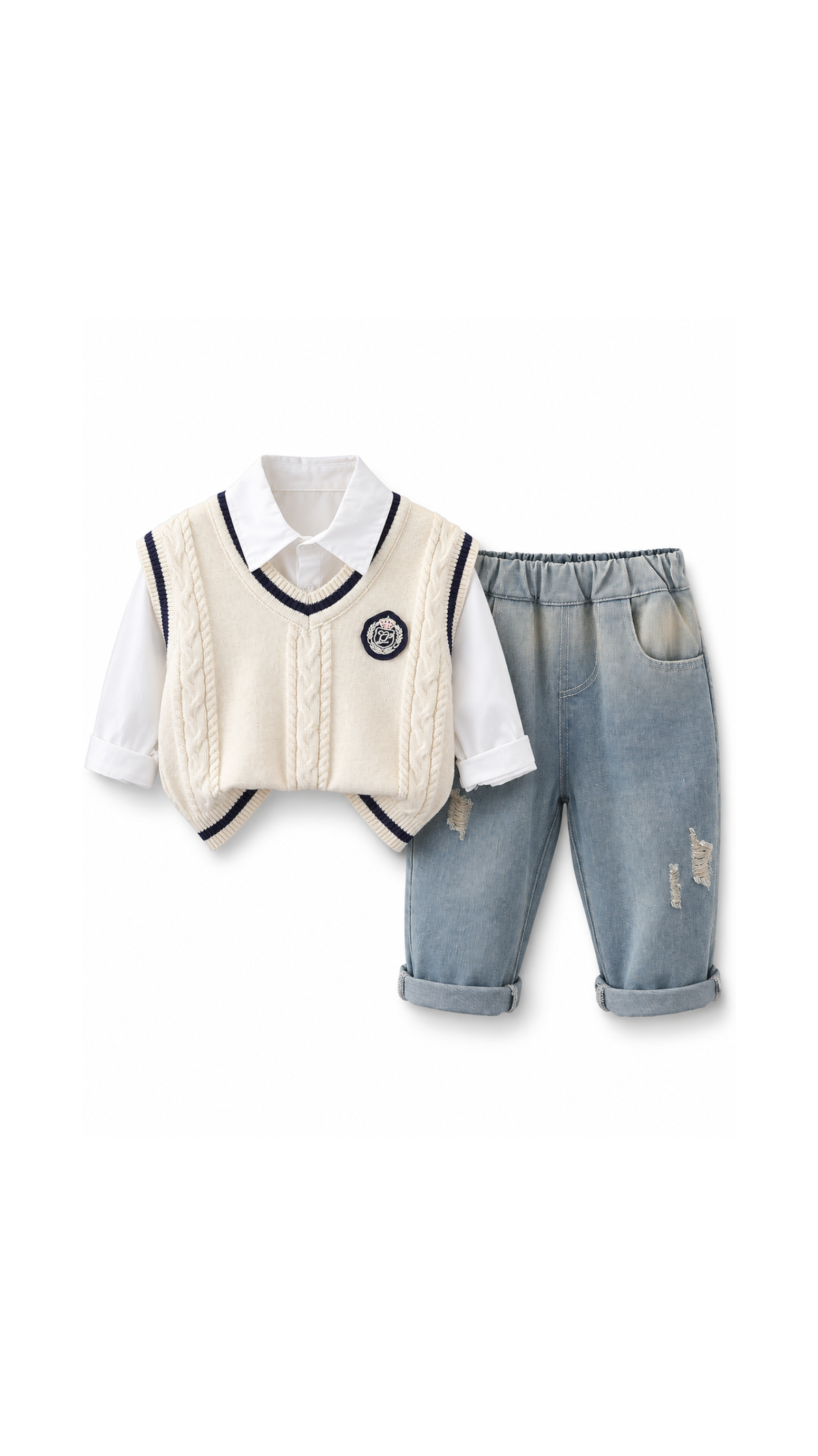 Cable-Knit Vest, Shirt & Distressed Jeans  Boy's Set