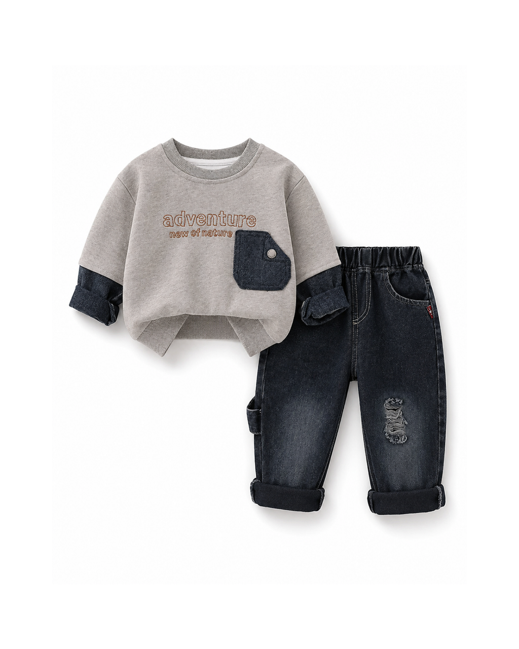 Adventure Layered Sweatshirt & Distressed Jeans Boy's Set