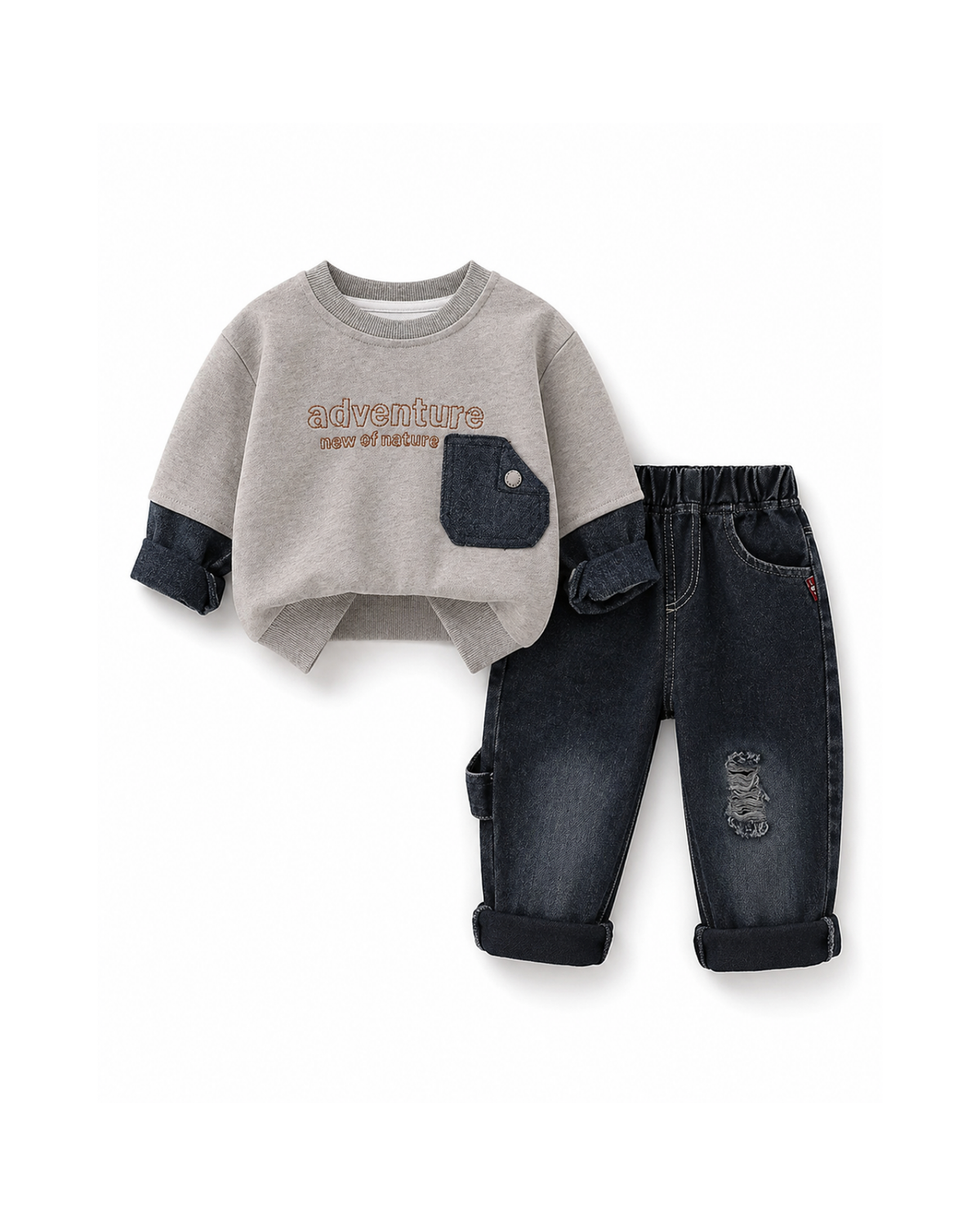 Adventure Layered Sweatshirt & Distressed Jeans Boy's Set