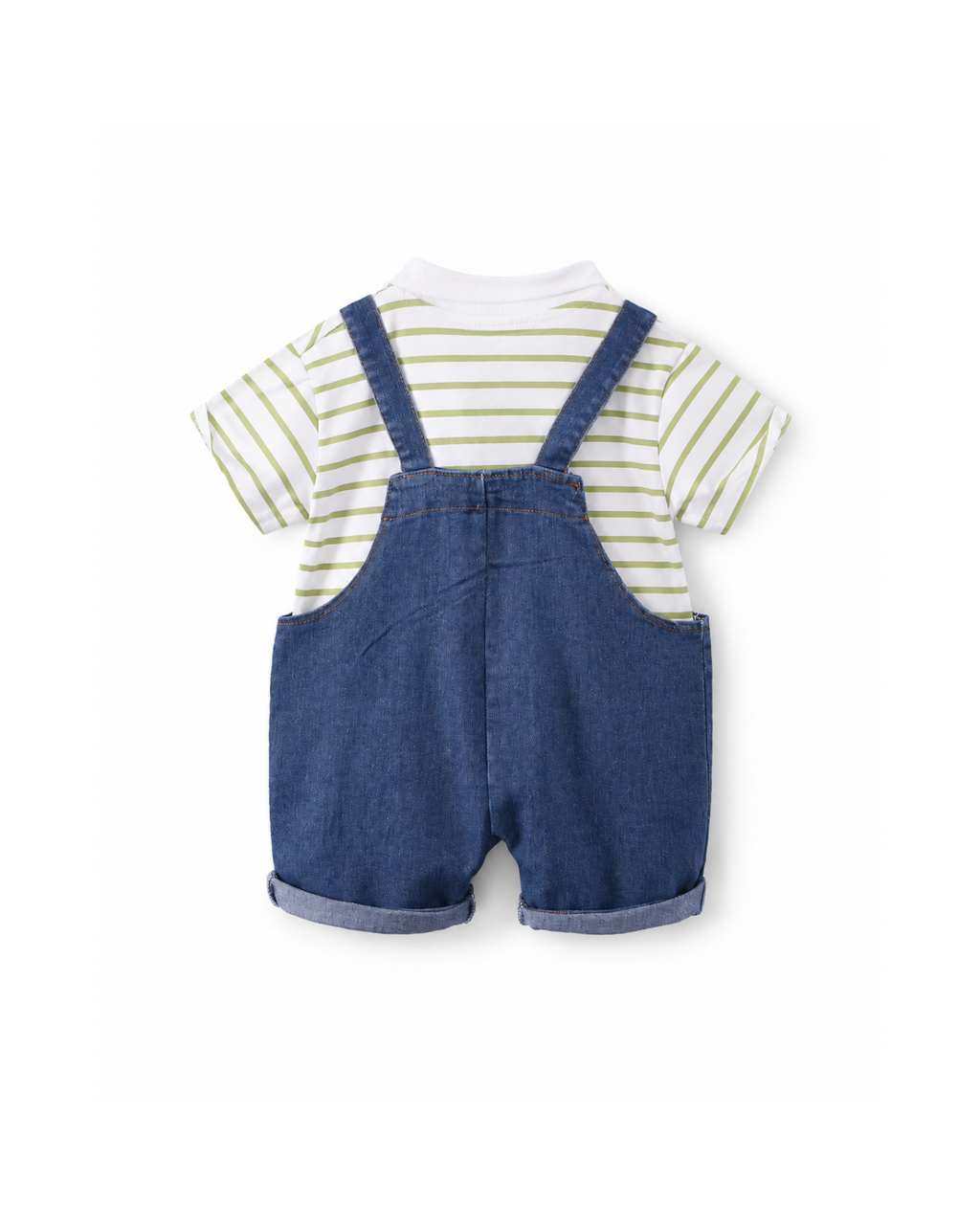 Striped Polo Shirt & Denim Short Overalls Boy's Set