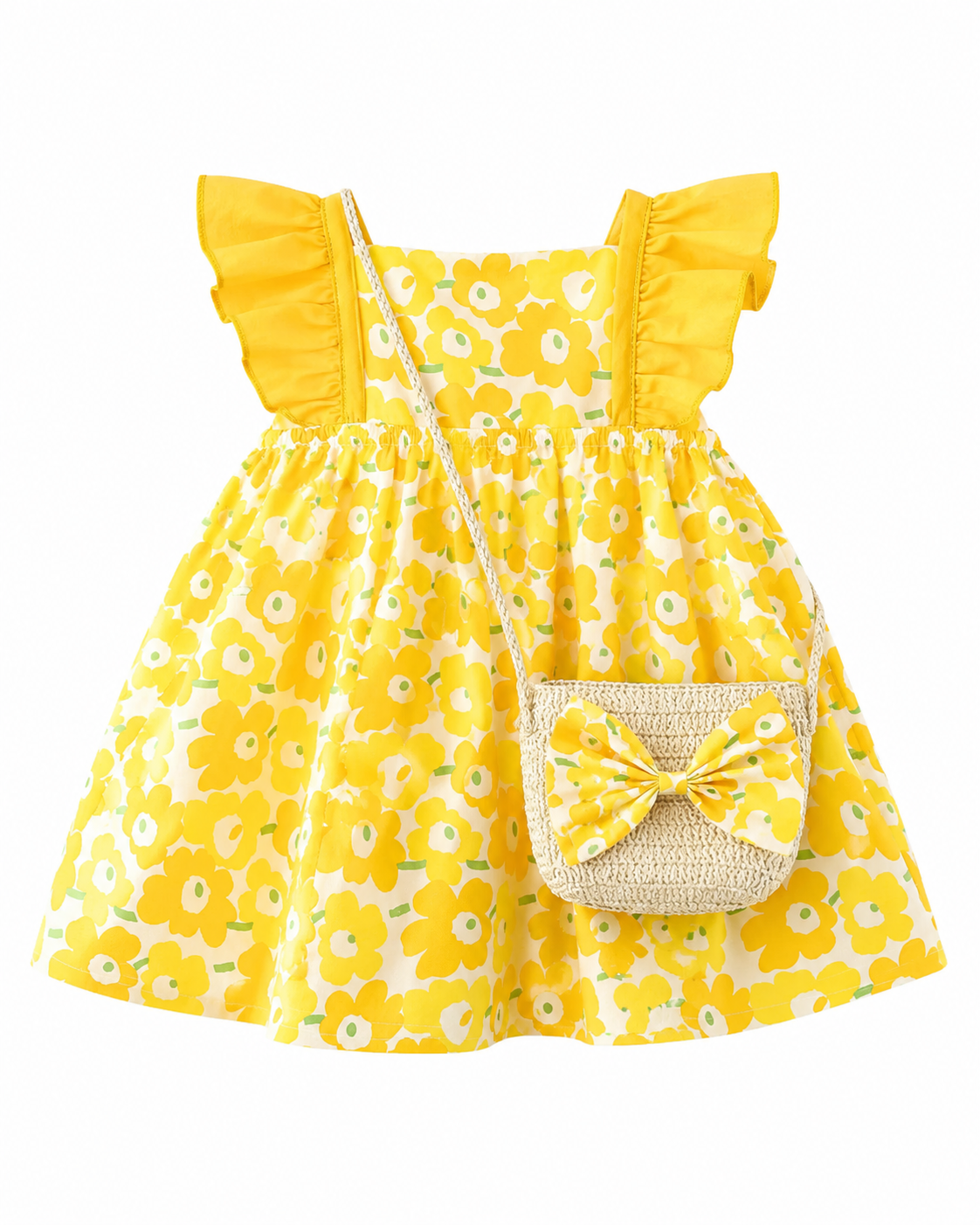 Flutter-Sleeve & Matching Woven Bag Dress