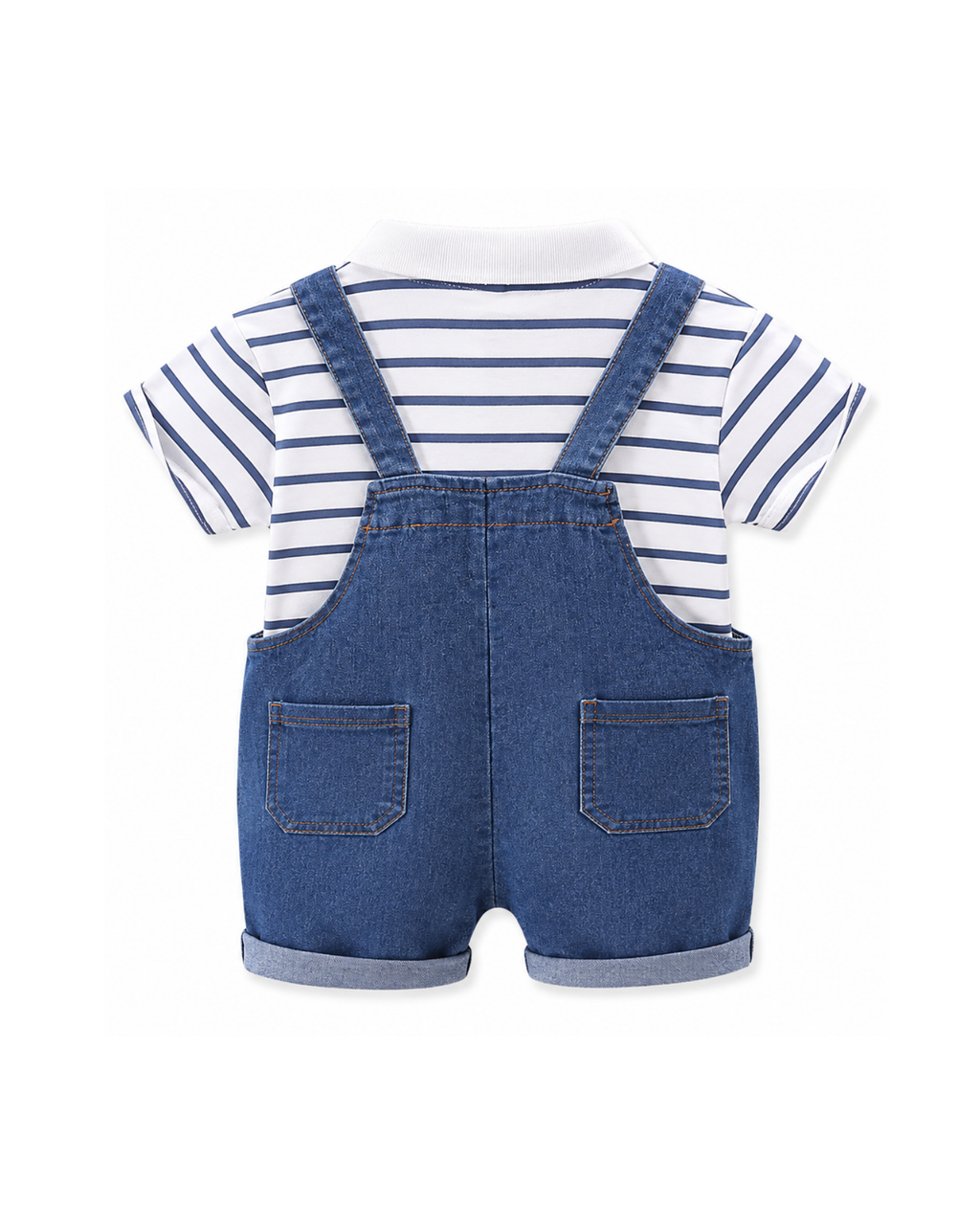 Striped Polo Shirt & Denim Short Overalls Boy's Set