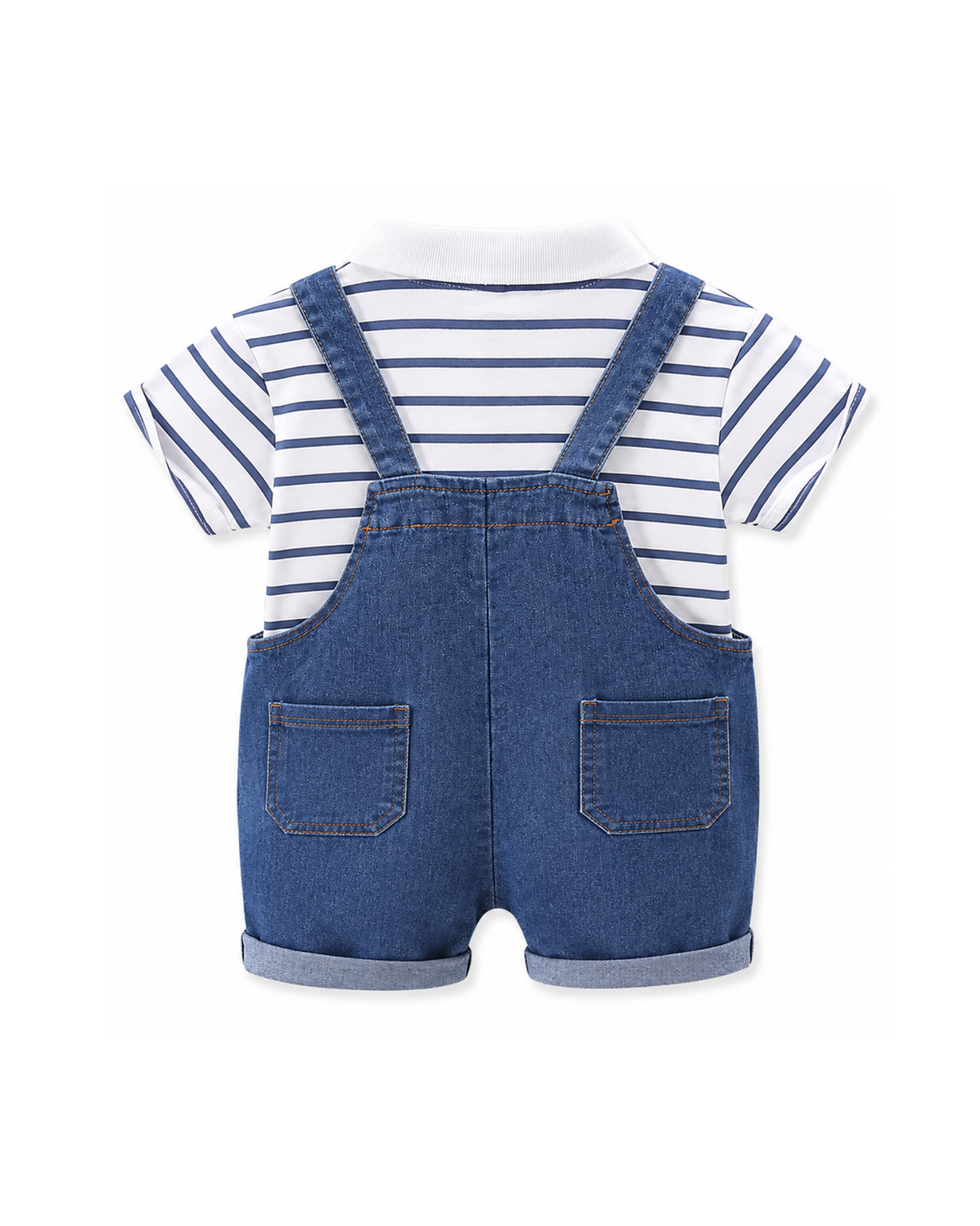 Striped Polo Shirt & Denim Short Overalls Boy's Set