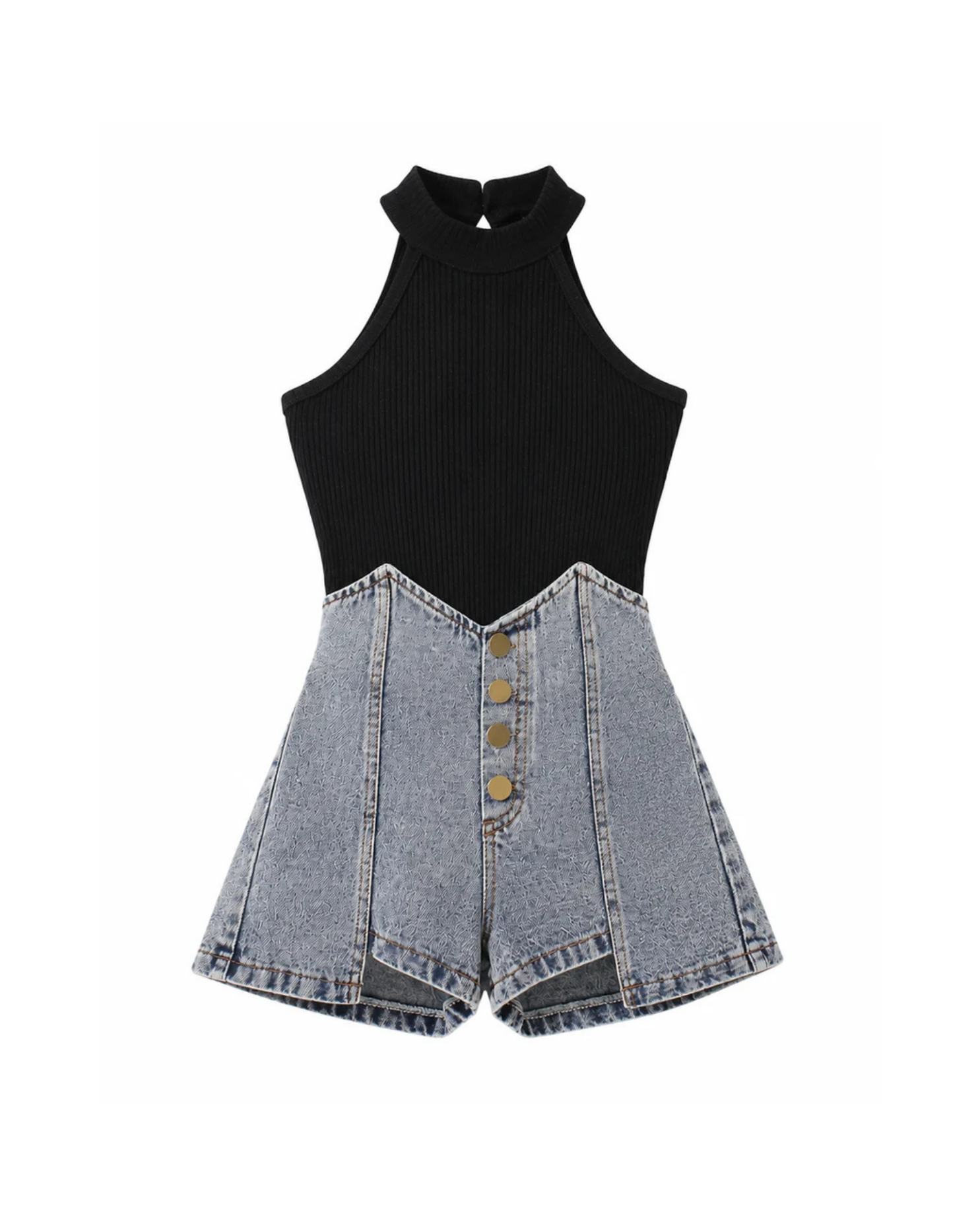 Sleek Ribbed Halter &  Denim Short Girl's Set