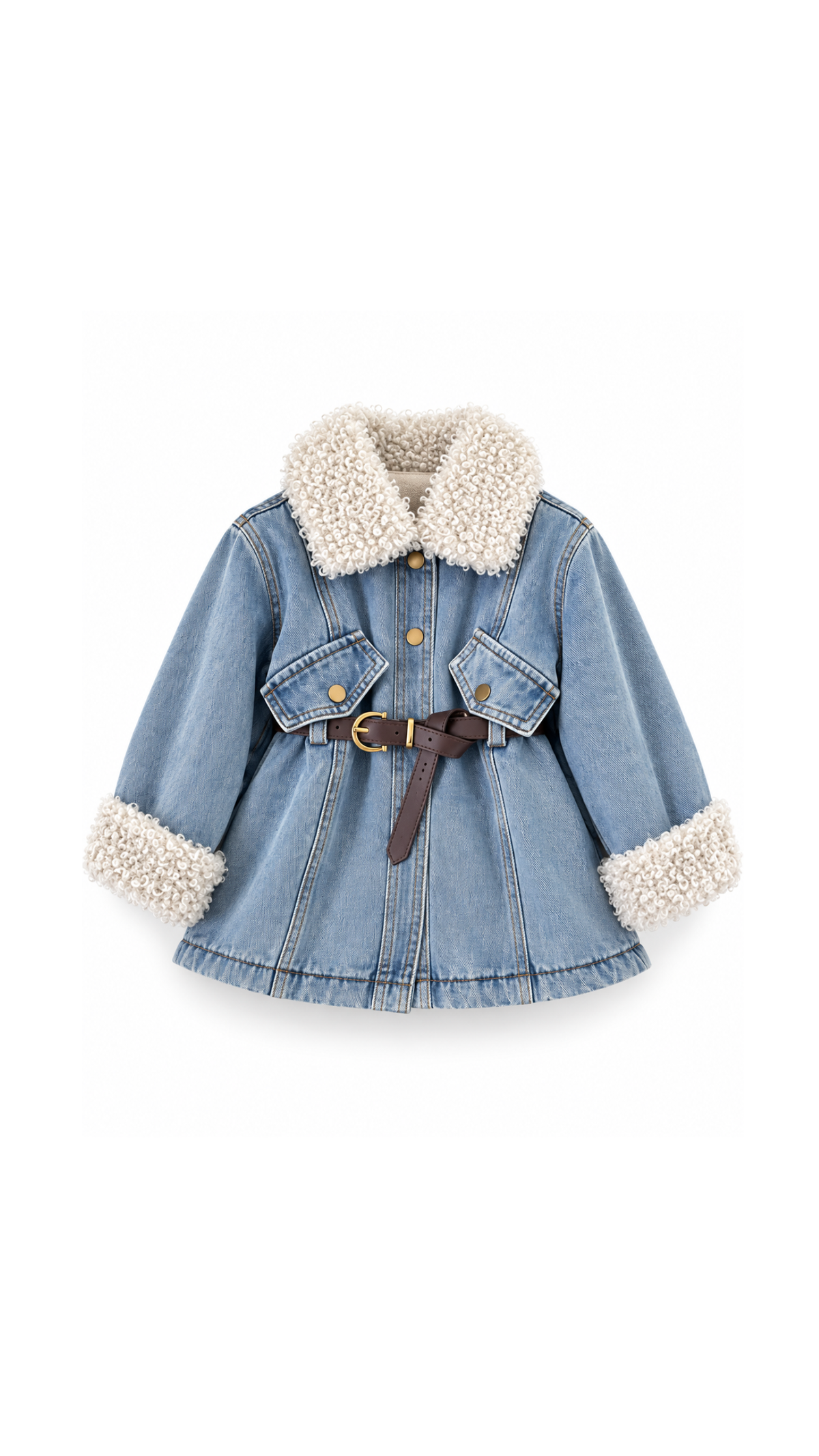Faux-Fur Trim Belted Denim Girl's Coat