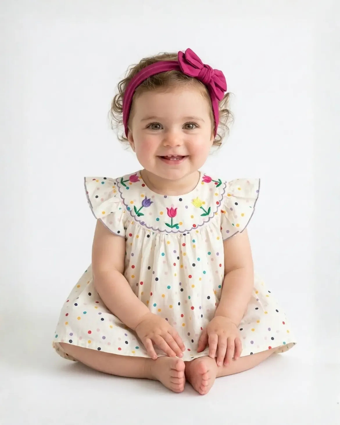 Polka Dot Floral Embroidered Soft Cotton Dress
