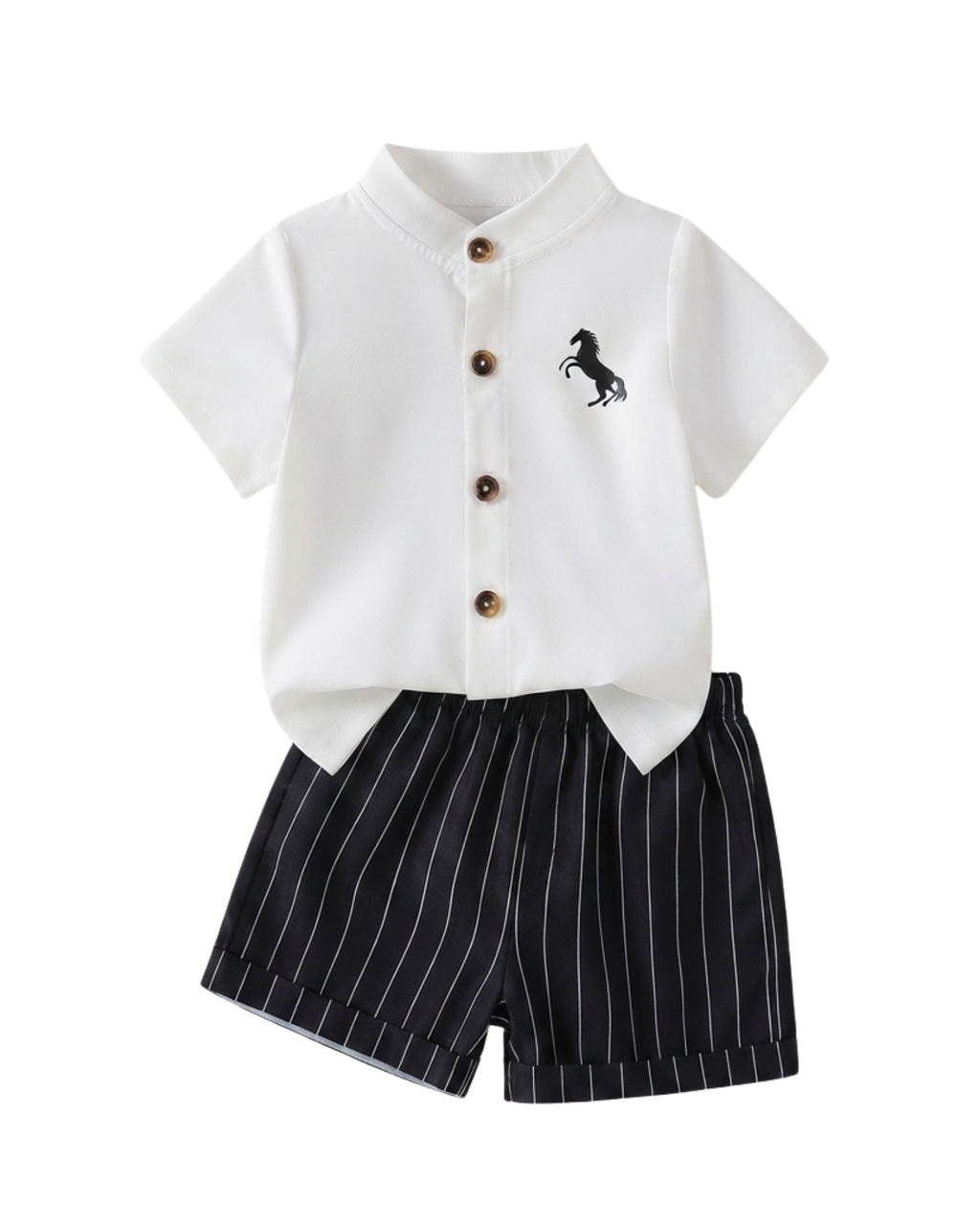 Mandarin Collar Polo & Pinstripe Shorts Boy's Set