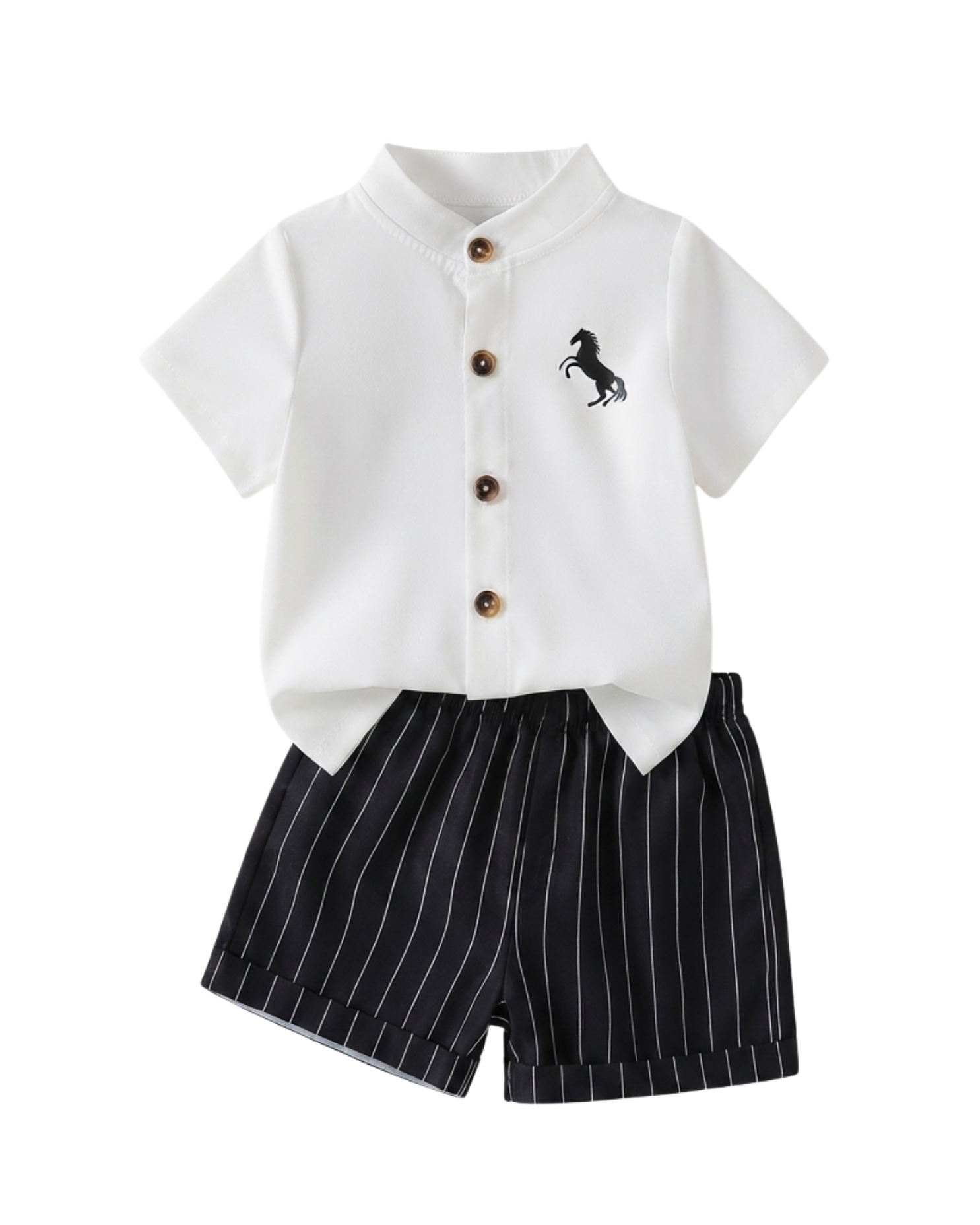 Mandarin Collar Polo & Pinstripe Shorts Boy's Set