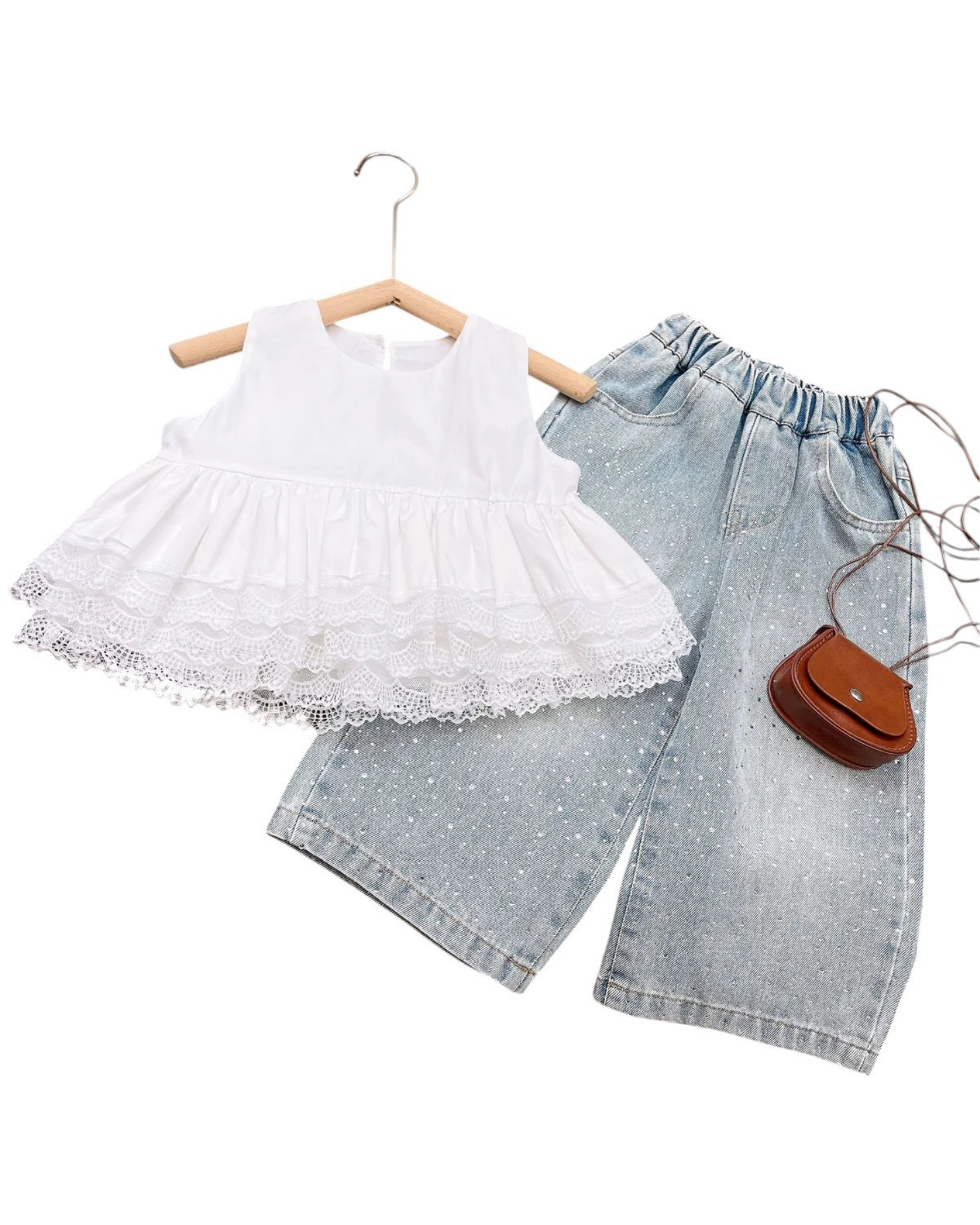 Lace Peplum Top & Glitter Denim Girl's Set