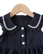 Navy Petal-Collar Peplum & Pant Girl's Set