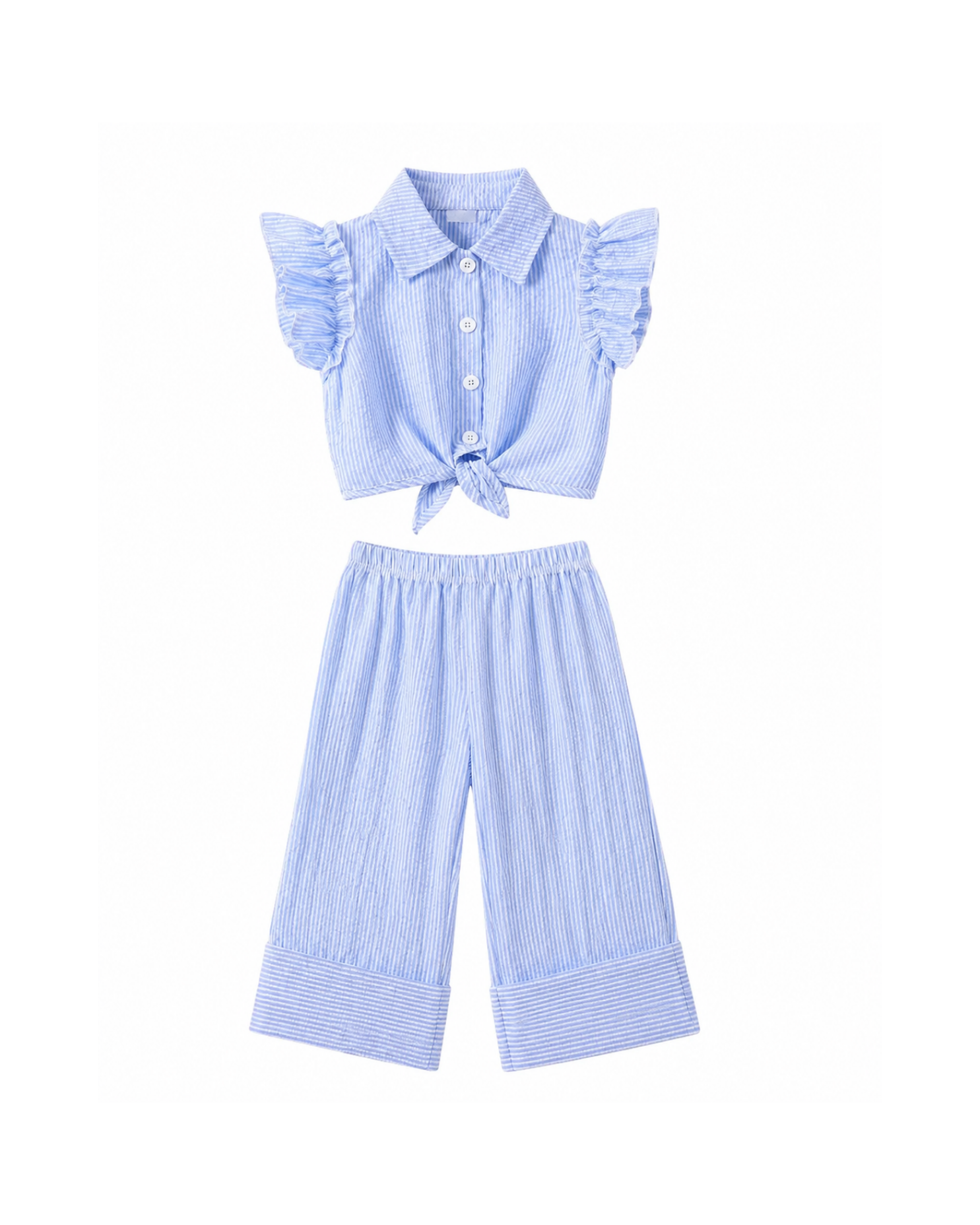 Striped Ruffle-Sleeve Shirt & Pant Girl's Set