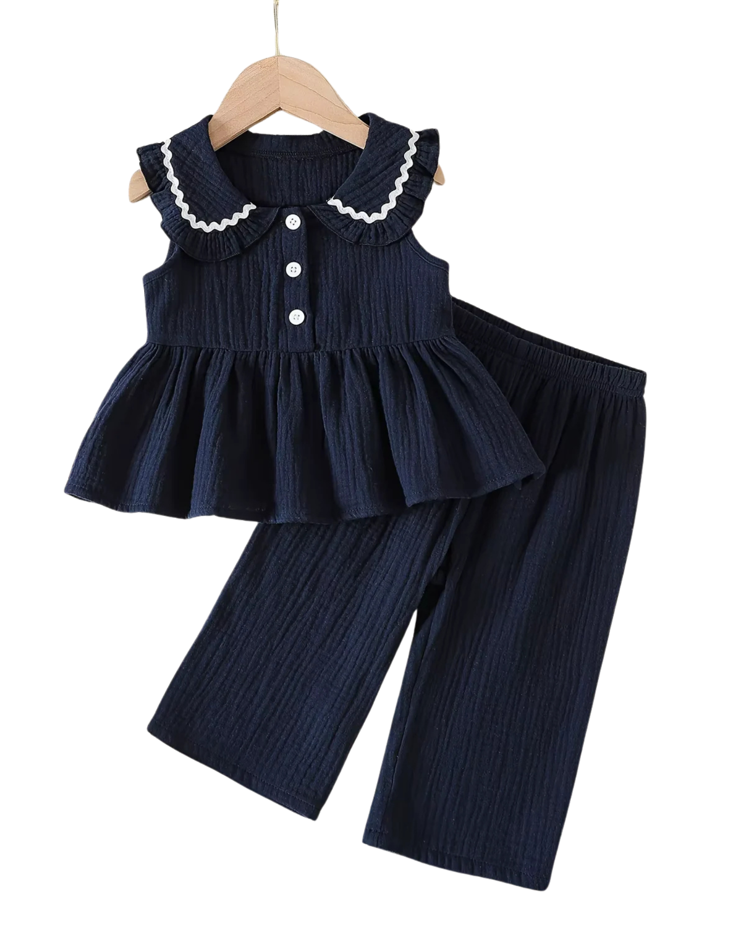 Navy Petal-Collar Peplum & Pant Girl's Set