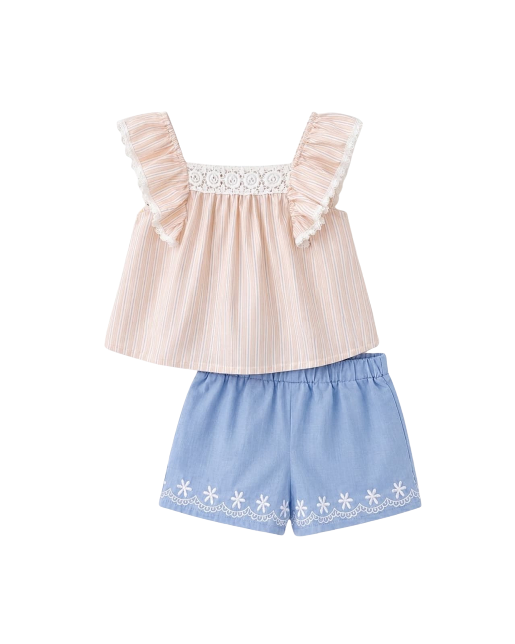 Ruffled Striped Top & Embroidered Shorts Girl's Set