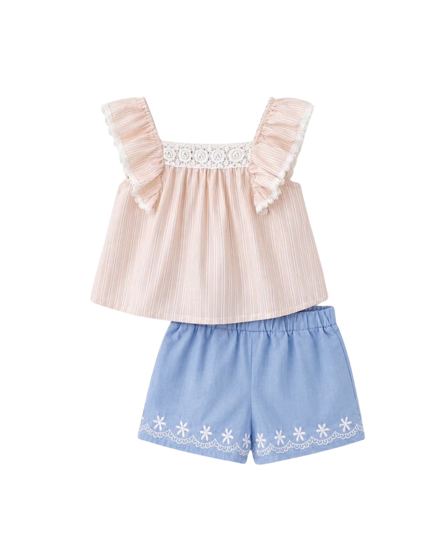 Ruffled Striped Top & Embroidered Shorts Girl's Set